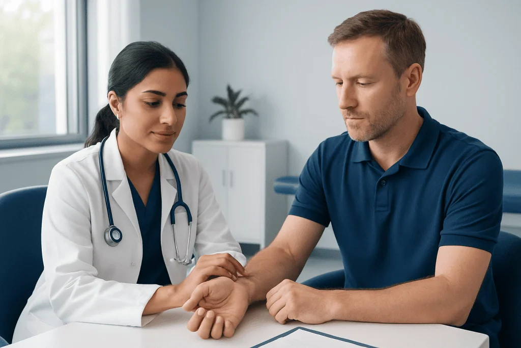 Doctor checking patient's pulse in a clinical setting.