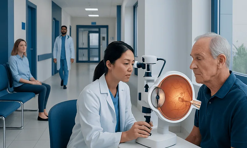 Ophthalmologist examines patient's eye with a slit lamp in a hospital.