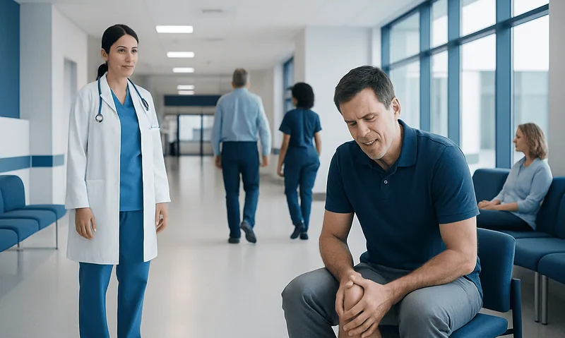 Patient with knee pain consulting in hospital corridor with medical staff.