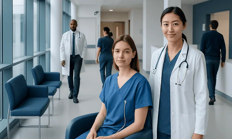 Healthcare professionals in a hospital corridor with patients and staff.