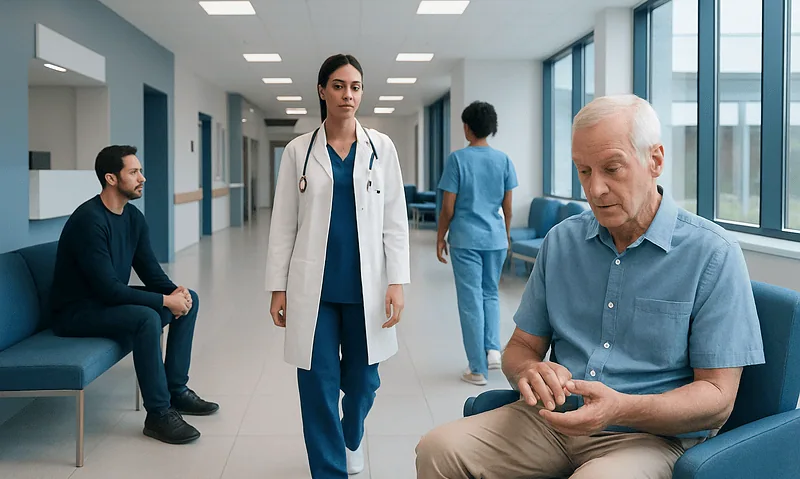 Medical professionals and patients in a hospital corridor at Acibadem Hospitals Group.