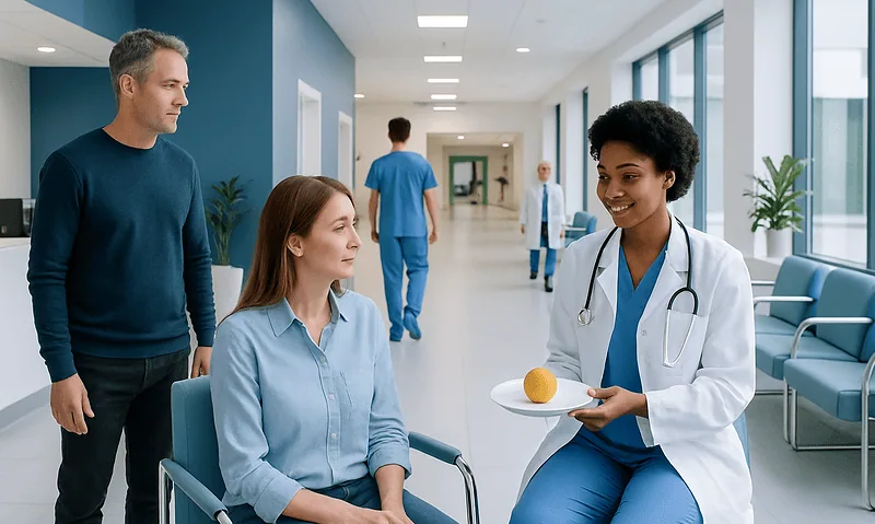Healthcare professional talking to a patient in a hospital corridor.