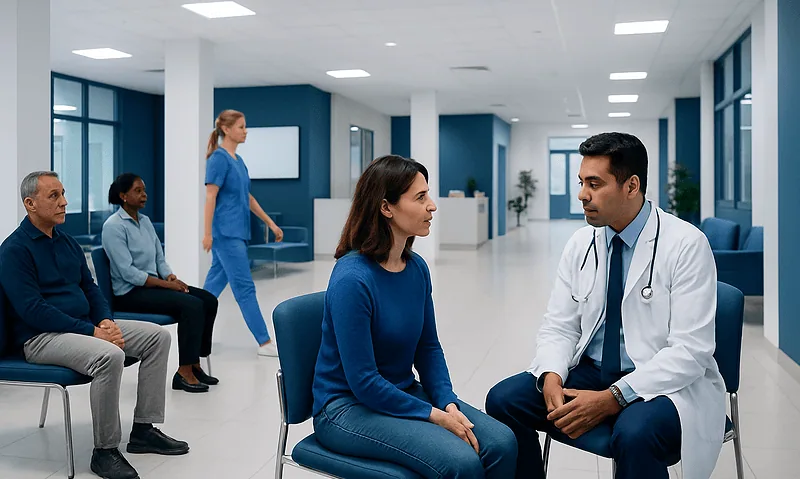 Doctor consulting patient in a modern hospital waiting area.