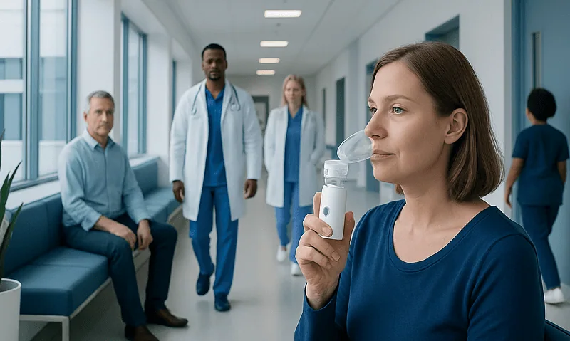 Woman using portable nebulizer in hospital corridor with medical staff nearby.
