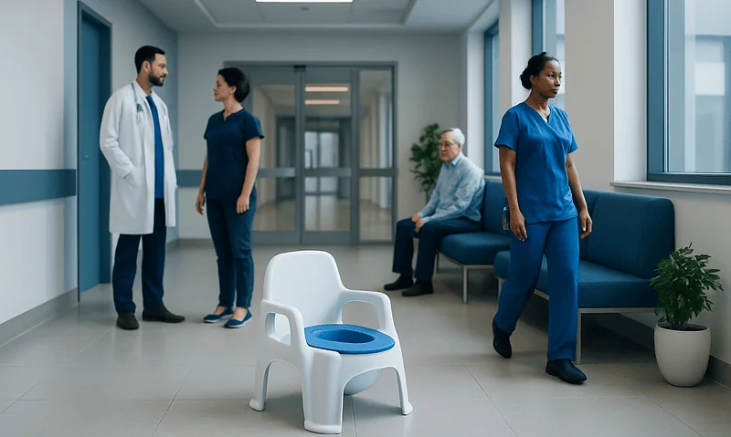 Hospital corridor with medical staff and a potty chair in the foreground.