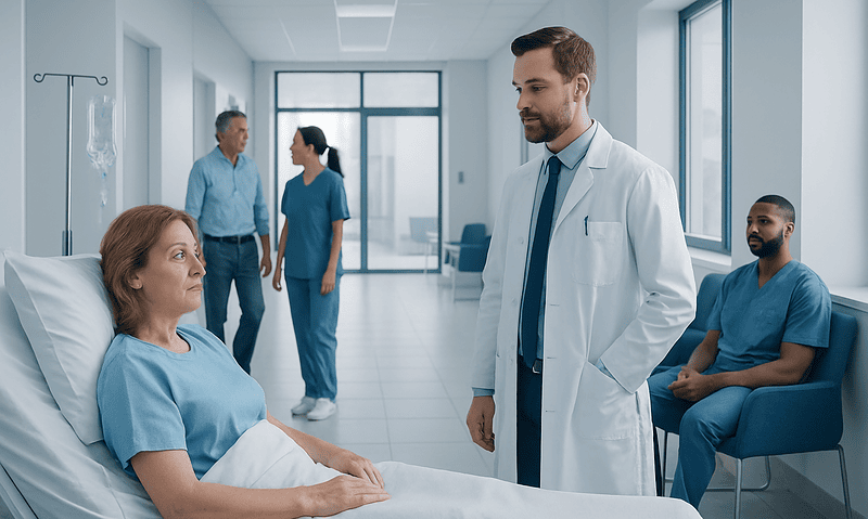 Doctor consulting with a female patient in a hospital room.