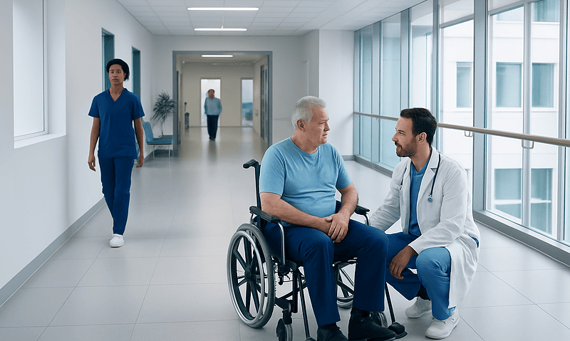Doctor consulting with a patient in a wheelchair in a hospital corridor.
