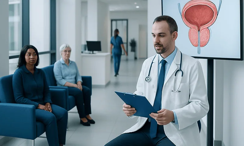 Urologist explaining prostate anatomy to patients in a hospital setting.