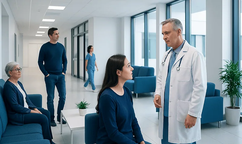 Doctor consulting with a patient in a modern hospital corridor.