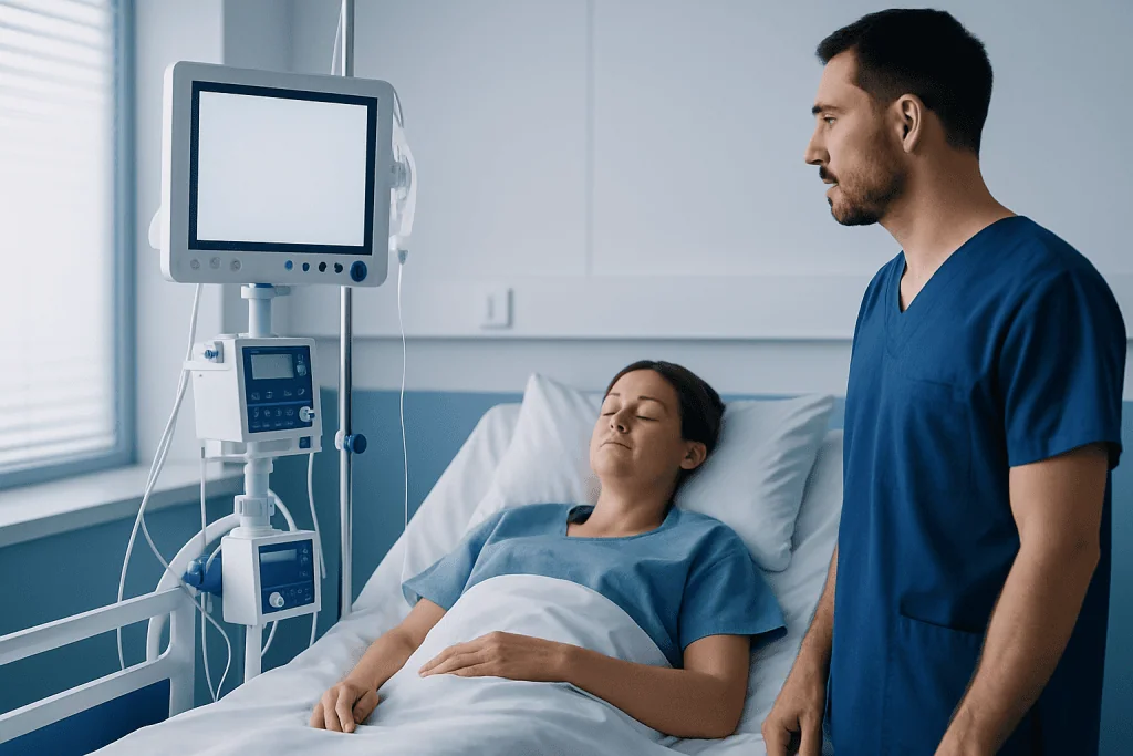 Patient resting in recovery room with medical monitor and healthcare professional nearby.