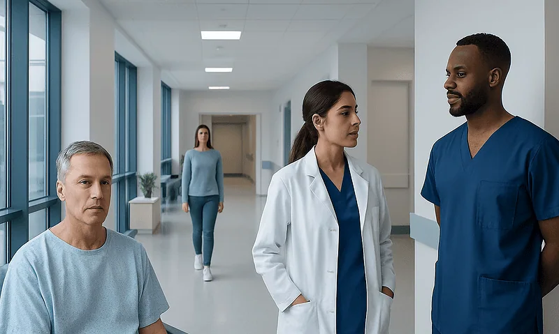 Medical team discussing patient care in hospital corridor.