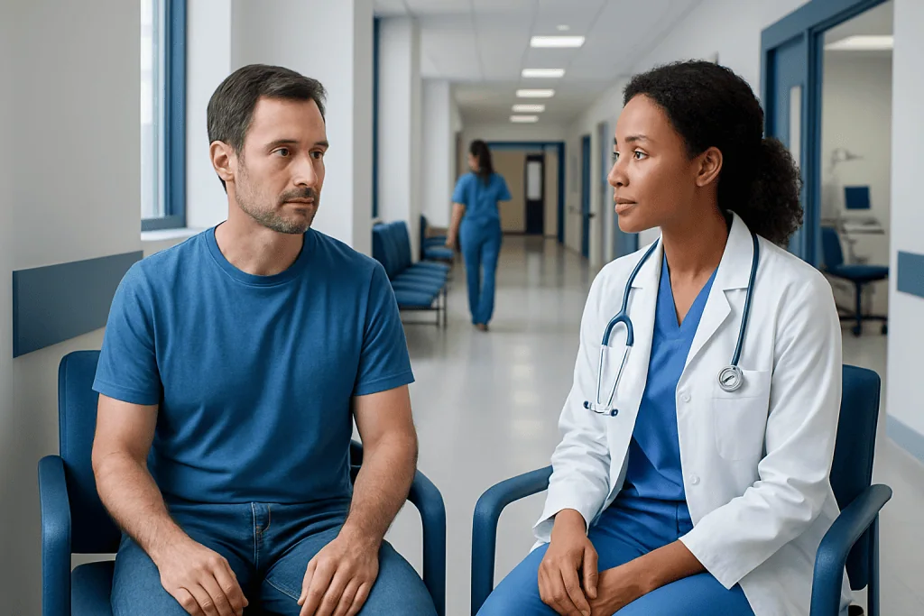 Retrograde Urethrogram for Urethral Narrowing or Injury 1 Patient consulting with a female doctor in a hospital corridor.