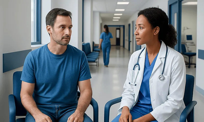 Patient consulting with a female doctor in a hospital corridor.