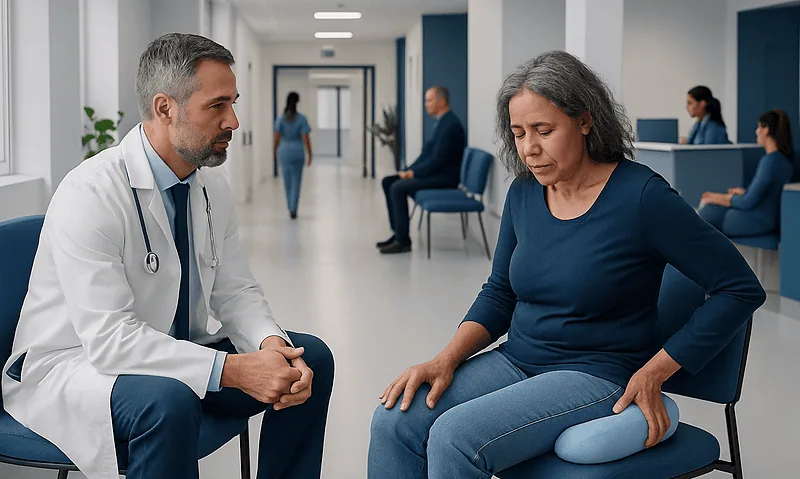 Doctor consulting with a patient in a hospital corridor.