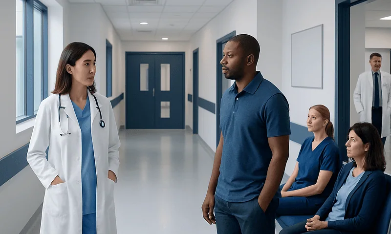 Doctor talking to patients in hospital corridor.