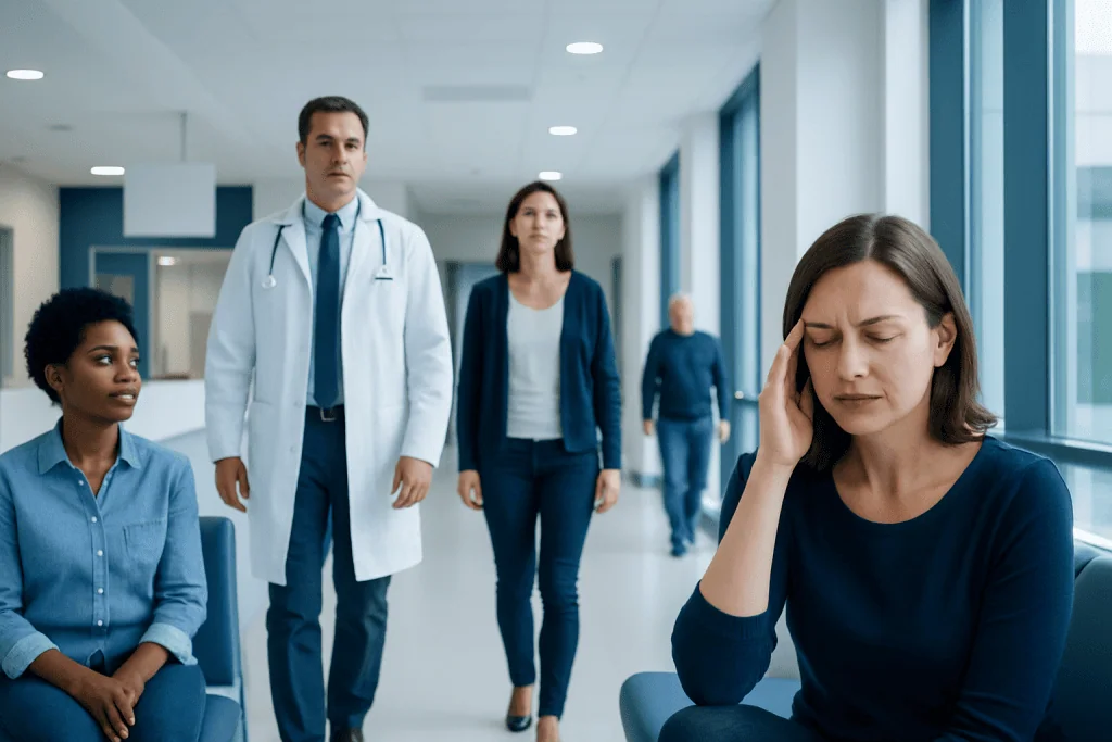 Silent Migraine: Aura Symptoms Without Headache Explained 1 Woman experiencing headache in hospital corridor with medical staff nearby.