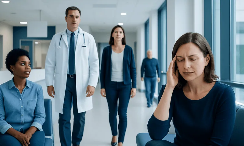 Woman experiencing headache in hospital corridor with medical staff nearby.