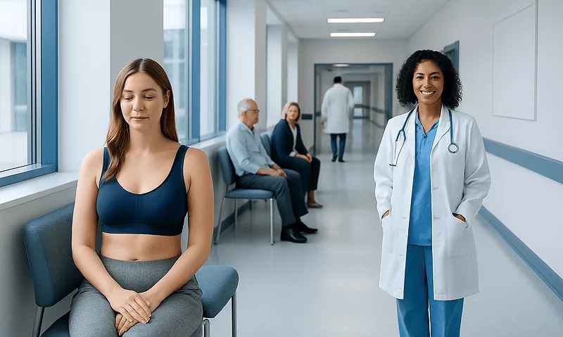 Young woman in a hospital waiting area with medical staff nearby.