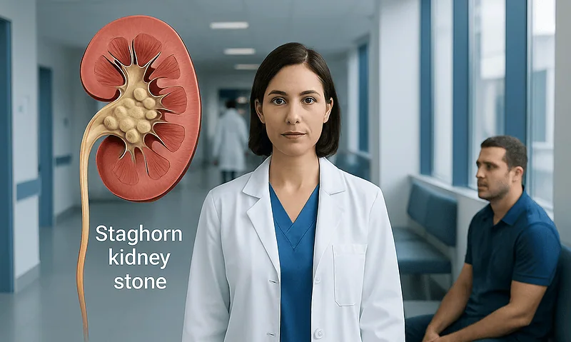 Staghorn Kidney Stone: An Evidence-Based Guide for Patients 8 Medical professional with staghorn kidney stone illustration in hospital corridor.