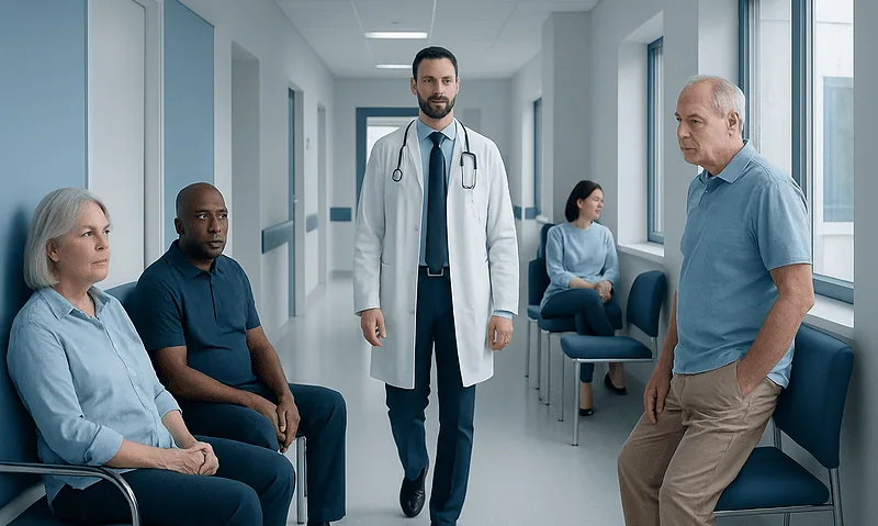 Doctor consulting with elderly patient in hospital corridor.