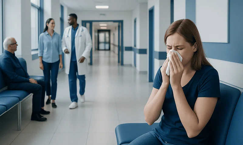Young woman with cold tissue in hospital corridor, healthcare professionals in background.