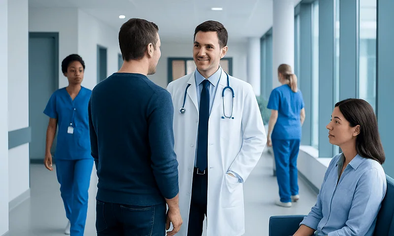 Doctor talking to patient in hospital corridor with nurses in background.