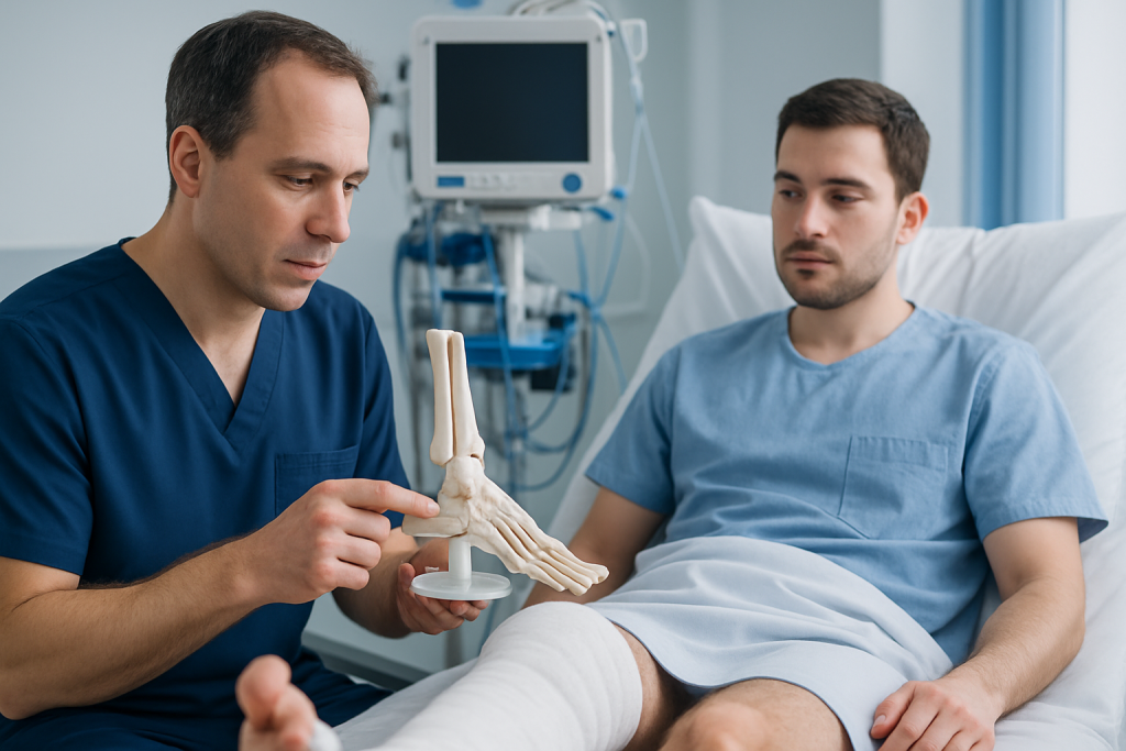 Doctor explaining ankle anatomy to patient in hospital room.