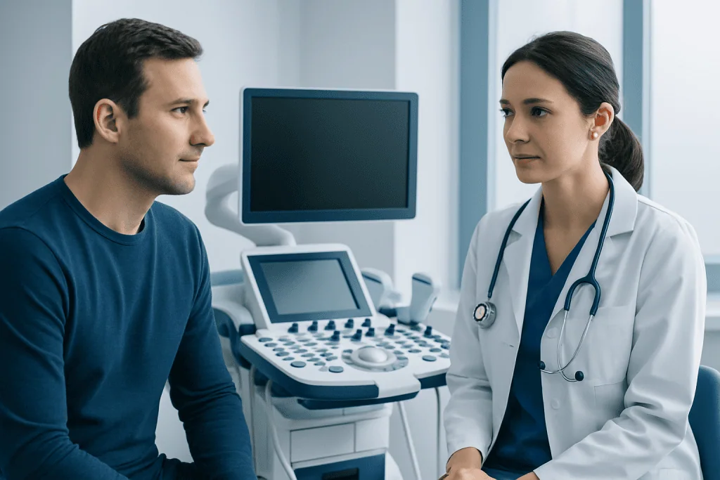 Doctor consulting male patient in a medical examination room.