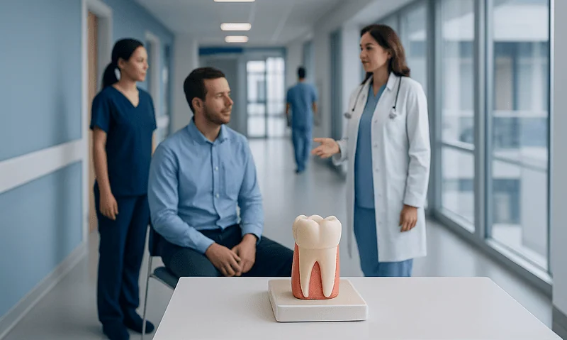 Dentist explaining dental treatment options to a patient in a hospital corridor.