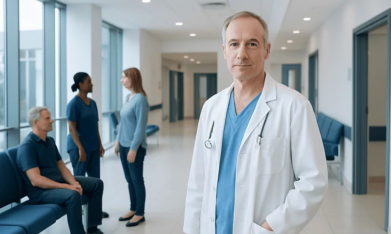 Doctor in hospital corridor with patients and staff in background.