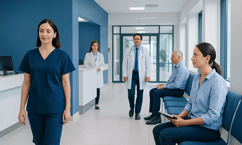 Healthcare professionals in a hospital corridor with a patient and staff.