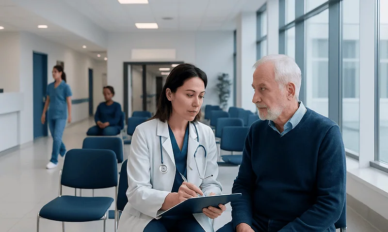 Doctor consulting with elderly patient in hospital corridor.
