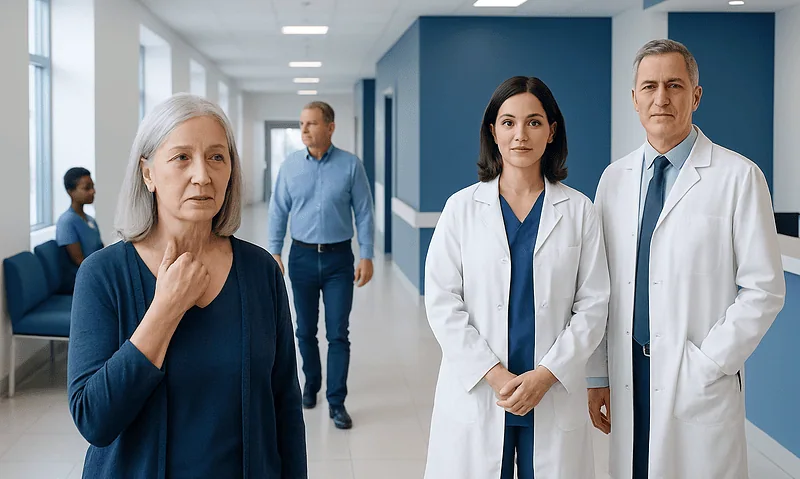 Patients and doctors in a modern hospital corridor at Acibadem Hospitals Group.