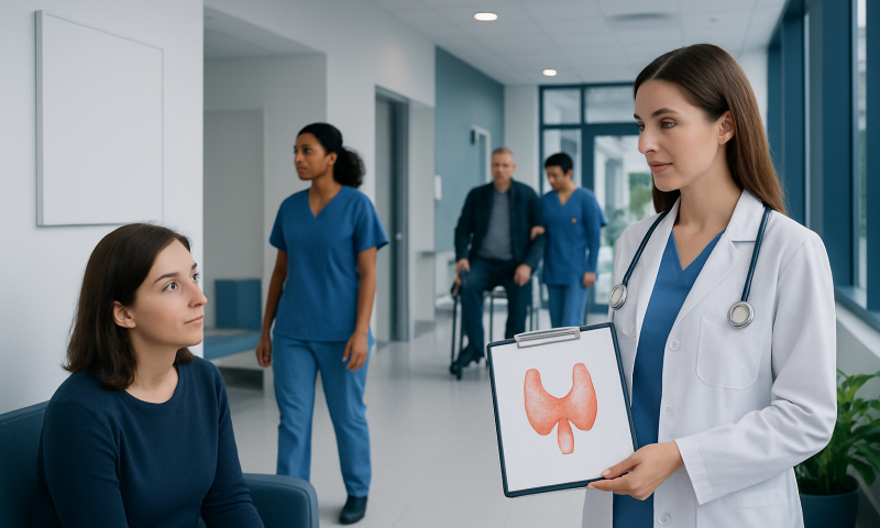 Doctor explaining thyroid health to a patient in a hospital corridor.