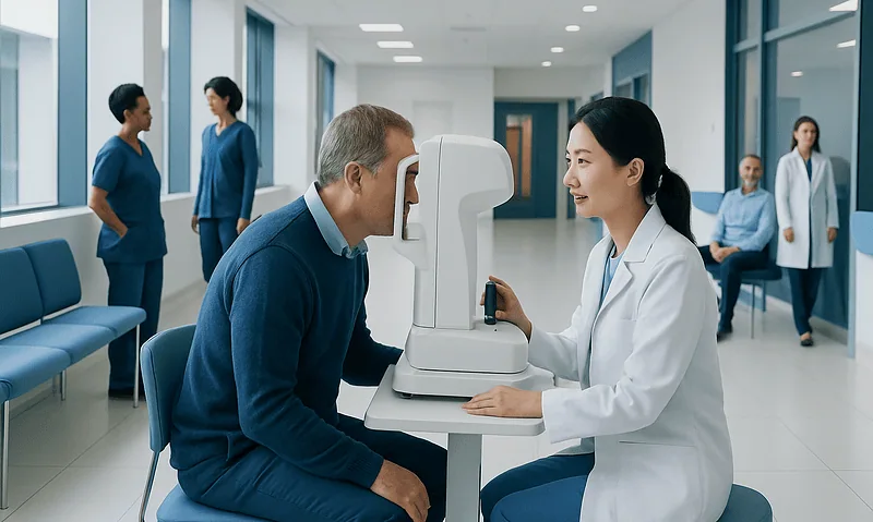 Optometry professional performs tonometry test on patient in hospital setting.