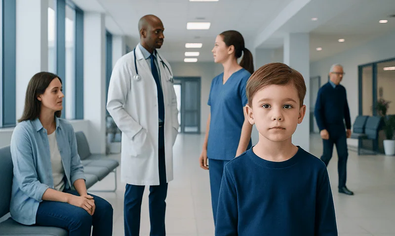 Child patient in hospital waiting area with medical staff and visitors.