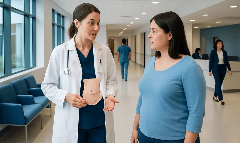 Doctor consulting patient in hospital corridor with modern interior.