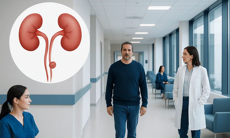 Urologist consulting with patient about kidney health in hospital corridor.