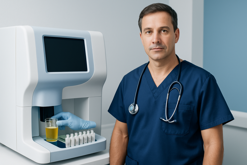 Male healthcare professional with urine analysis equipment in a clinical setting.