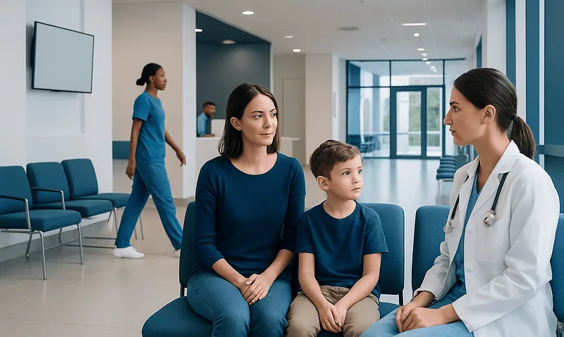 Pediatric consultation in a modern hospital waiting area with a doctor and family.