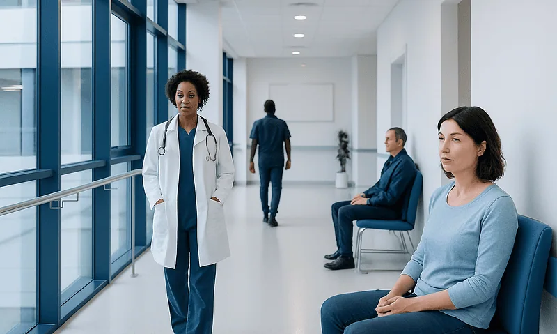 Diverse medical staff and patients in a modern hospital corridor.