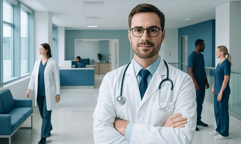 Medical team in hospital corridor with doctor in foreground.