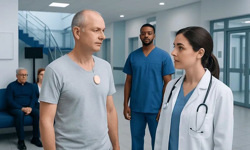 Doctor discussing with patient in hospital corridor with medical staff in background.