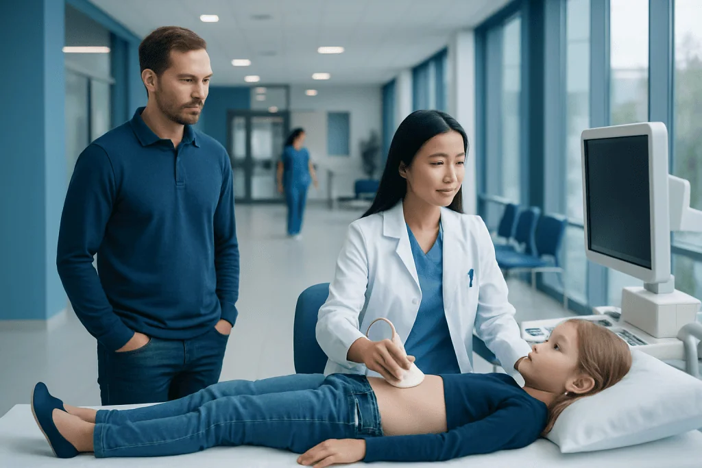 Vur Ultrasound: Preparation, Procedure and Results 1 Doctor performing ultrasound on young girl in hospital.