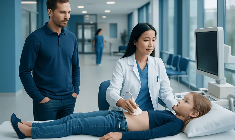 Vur Ultrasound: Preparation, Procedure and Results 7 Doctor performing ultrasound on young girl in hospital.