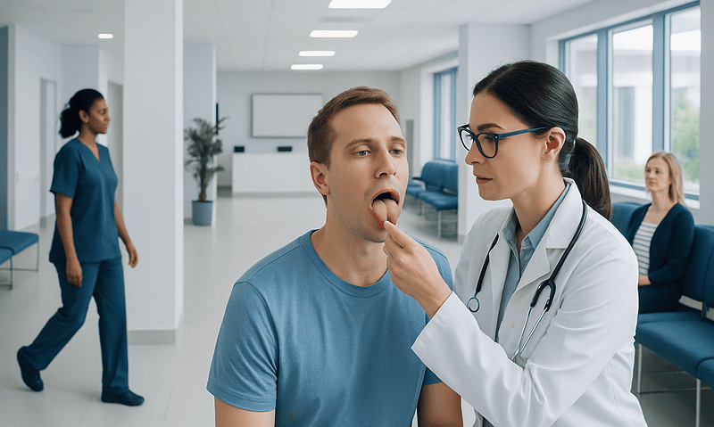 Doctor examines patient's tongue in a hospital setting.