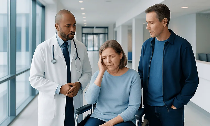 Doctor and visitors discussing a patient's health in hospital corridor.