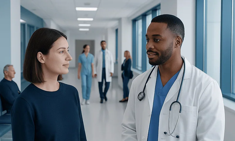 Doctor consulting a patient in a modern hospital corridor.