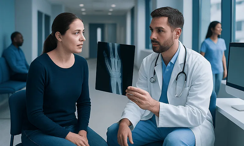 Doctor explaining wrist X-ray to patient in hospital corridor.