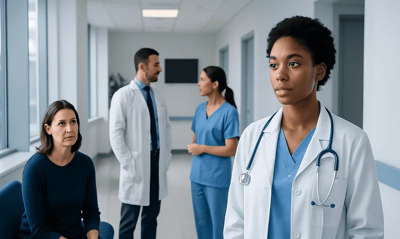 Medical team discussing patient care in hospital corridor.